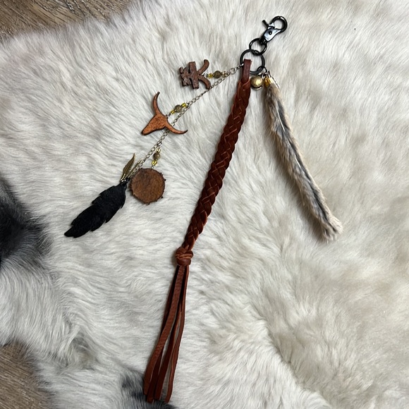 Fun and Unique Hand Crafted Leather and Feather Yellowstone Keychain with Charms - Picture 11 of 12